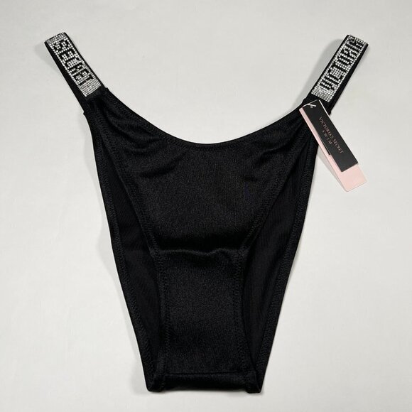 Victoria Secret Medium M Brazilian Cheeky Bikini Bottom Shine Strap LOGO Black - Picture 1 of 9